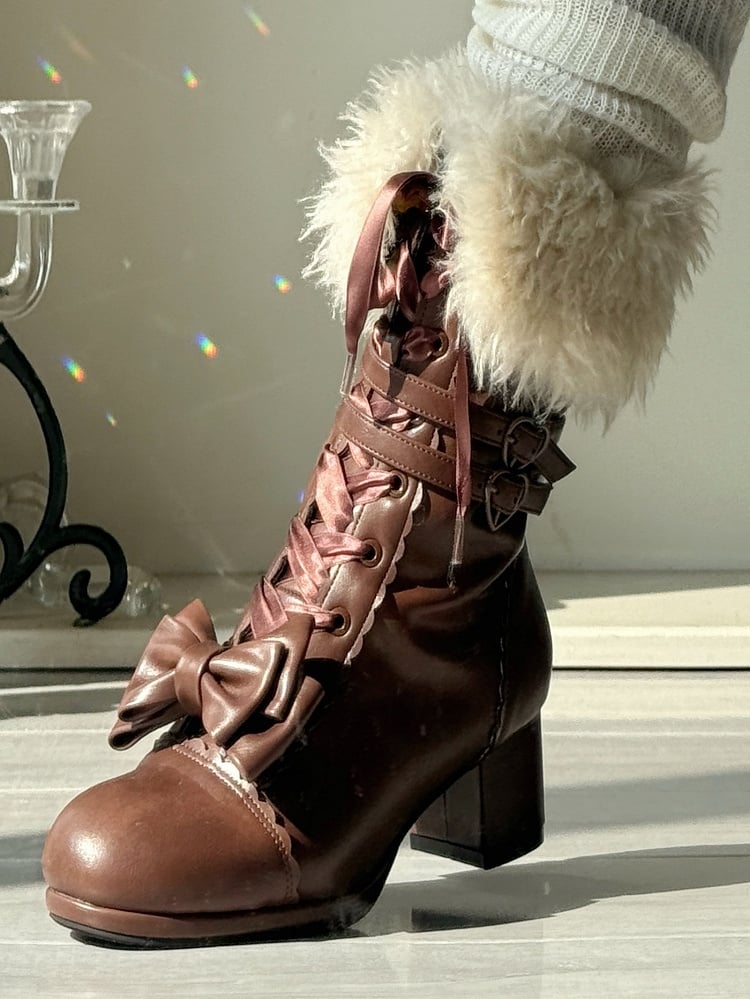 Bow Accents Boots - Mid-Calf Elegant Lolita Brown