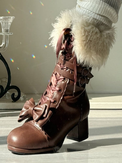 Bow Accents Boots - Mid-Calf Elegant Lolita Brown