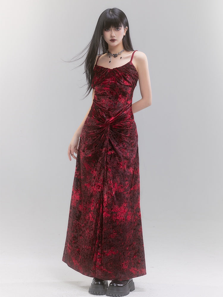 Red Velvet Twist Details Tie Dye Spaghetti Strap Dress