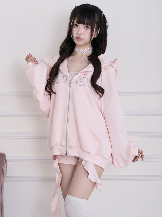 Pink Wing-Shaped Rhinestone Zip-Up Hoodie with Ruffle Trim - No Genki