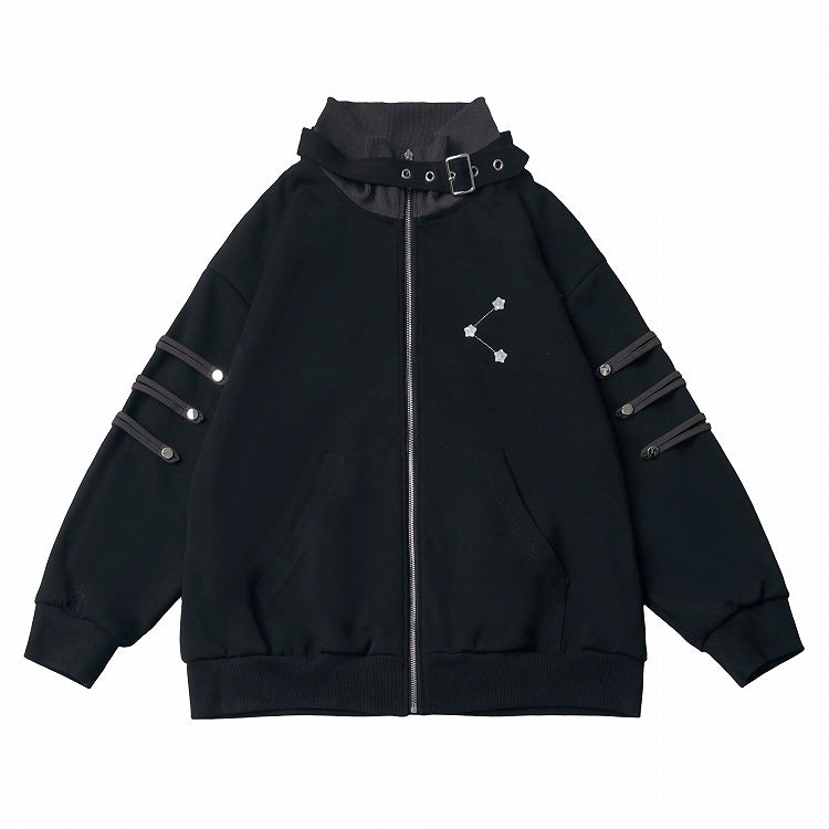 Star-Studded Zip Jacket with Buckle Straps and Stand Collar in Black - PINK SAVIOR