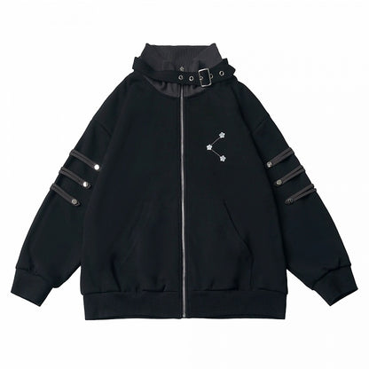 Star-Studded Zip Jacket with Buckle Straps and Stand Collar in Black - PINK SAVIOR