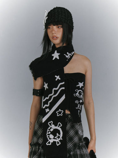 with Star Edgy Matching Punk Print Slit Scarf Skull Top + Black Front Strapless