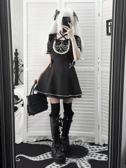 Black Bead Chain Decorated Short Sleeve Dress Set with Shorts and Bow Tie - Angel Share