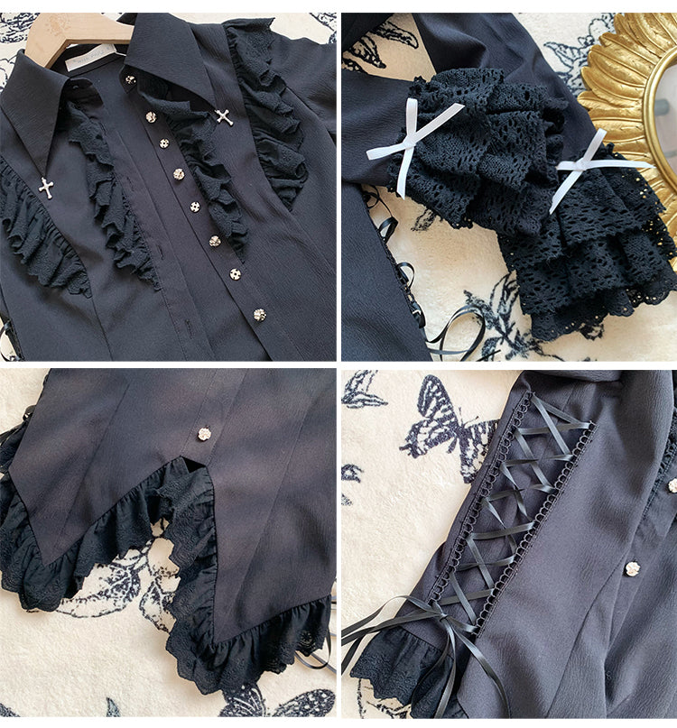 Black Lace-Trimmed Cross Charm Collar Ouji Blouse - With PUJI