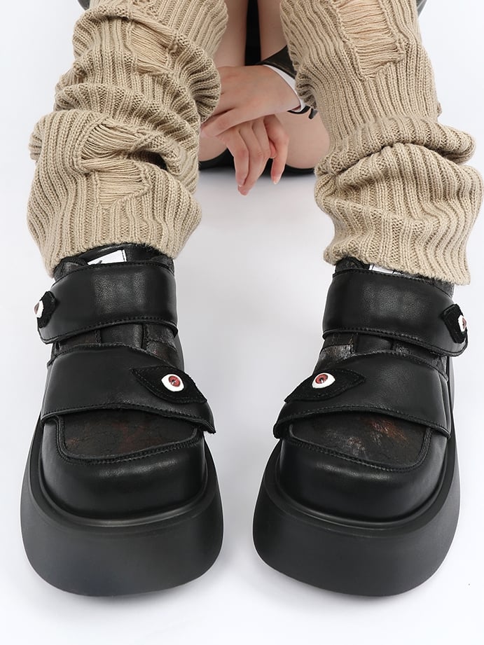 Strap Punk Eye Heels Platforms Closures Chunky - Velcro Black Demonic Patch with