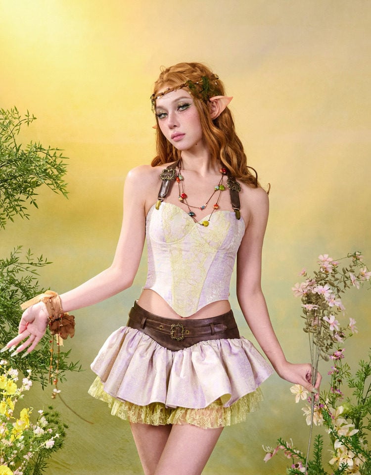 Purple & Green Fairycore Mori Layered Ruffle Skirt with Lace Trim - Virtual Orbit