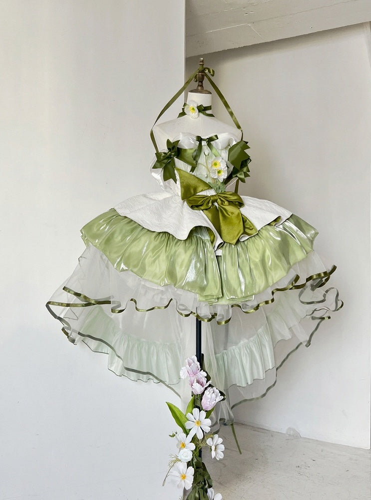Green Balletcore Puffy Dress with Bow Accents - POSHEPOSE
