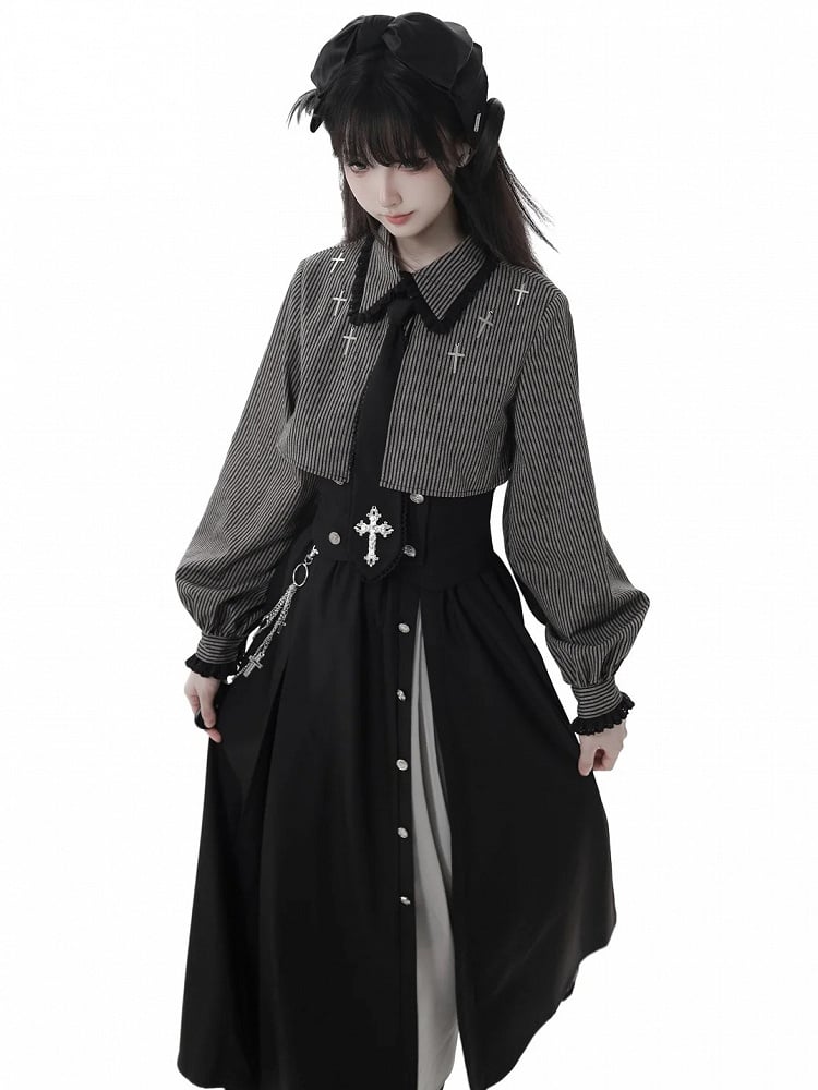 with Gothic Long | White Cross Skirt Elastic Chiffon Waist Black Chain Slit