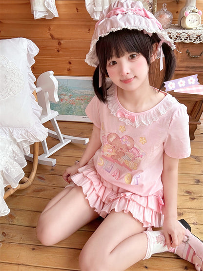 ピンクの伸縮性ウエスト、蝶結び、サイドアクセント、ティアードフリル、ブルマー