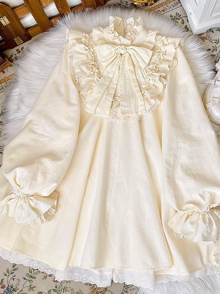 Beige Ärmel Rüschen Langes Kleid Baumwolle Schleife Süß Großer Hoher Lolita Hals