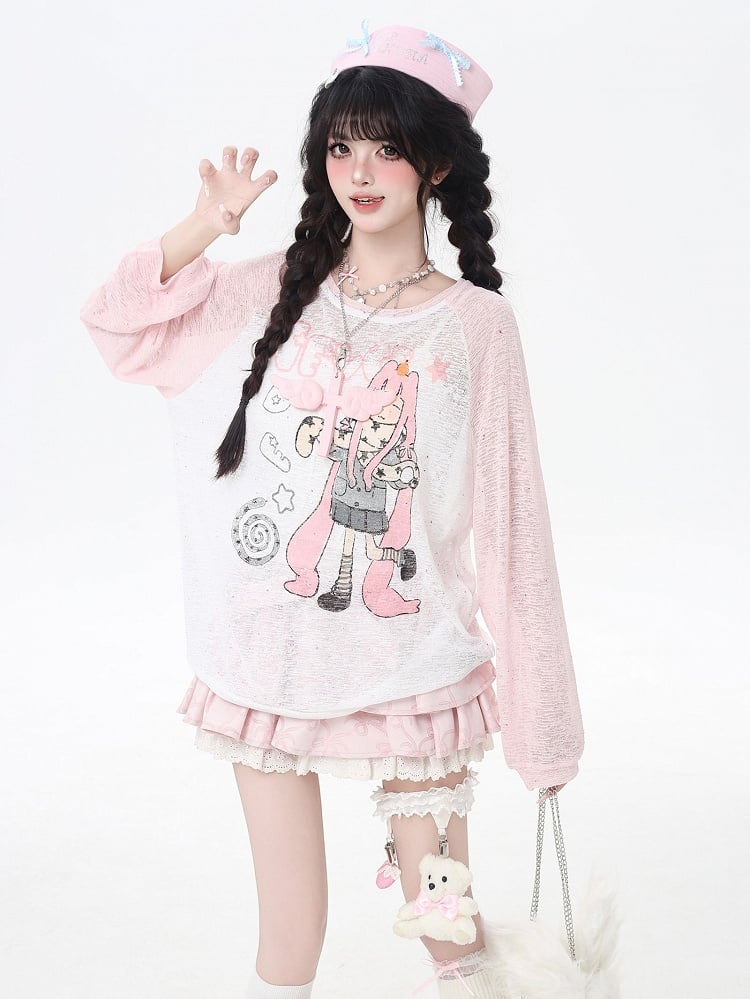 Coverup Colorblock Design Semi-sheer Cartoon Girl Print Black/Pink/Blue