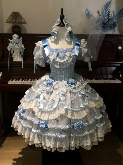 Hime Blue Lolita with Accents Puffy Dress Ruffle Multi-Layered Light Rose