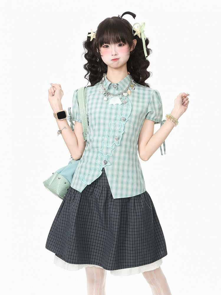 Green Plaid Short Sleeve Shirt with Kitty Embroidery - Languid Park