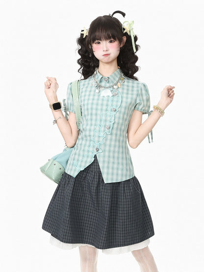 Green Plaid Short Sleeve Shirt with Kitty Embroidery - Languid Park