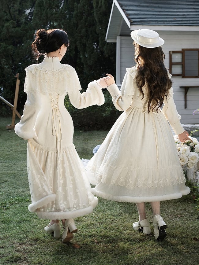 Dress Neck Embroidery Sleeves Edward Long Creamy Lolita Camellia Elegant with