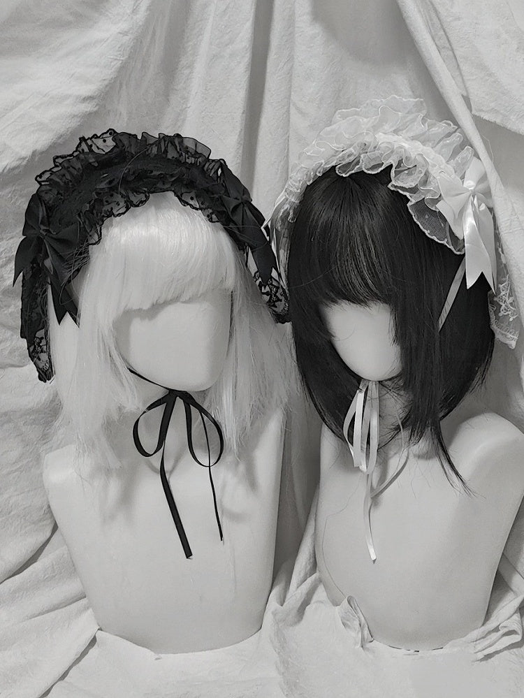 Dual-Tone Gothic Ribbon Headband with Lace and Bow - Dokisuru