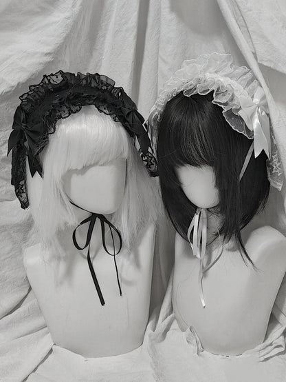 Dual-Tone Gothic Ribbon Headband with Lace and Bow - Dokisuru