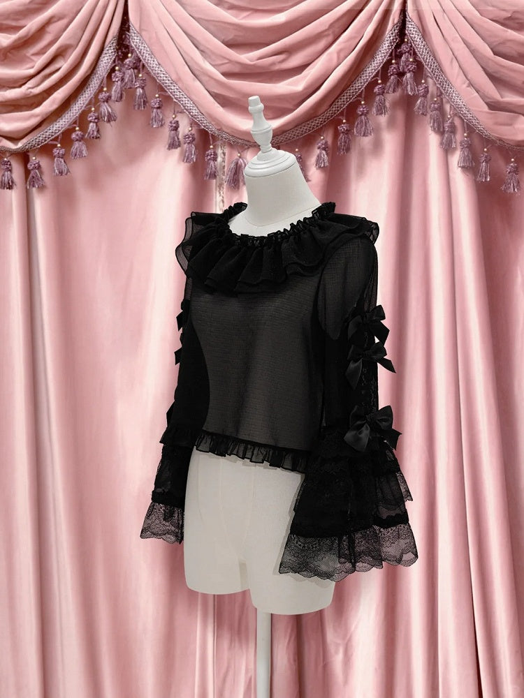 with Black Accents Lace Lolita Bow Bell Sleeves Blouse