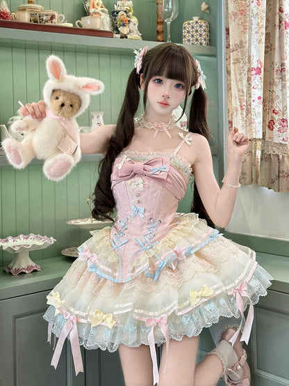 Kleid Akzente Korsett Stäbchen Riemen Regenbogen Lolita Rock Schleife Dünne Pullover Schulter Pastell