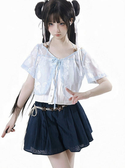 Light Blue Chiffon Cardigan with Seashell Pattern - PINK SAVIOR