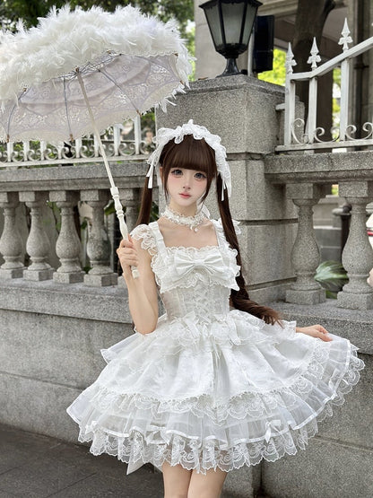 Bow Ruffled Details Lace Embossed Lolita Sweet with Only JSK Jacquard Dress / Princess + White Train