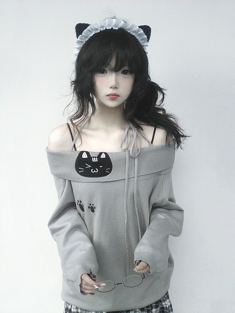 Paw with Off-the-Shoulder and Gray Embroidery Sweater Kitten
