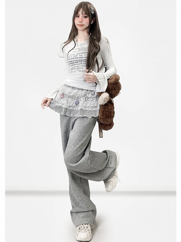 ドット柄パンツトリムY2K+レーススカートティアードカットビタースイート柄グレーワイドレッグ