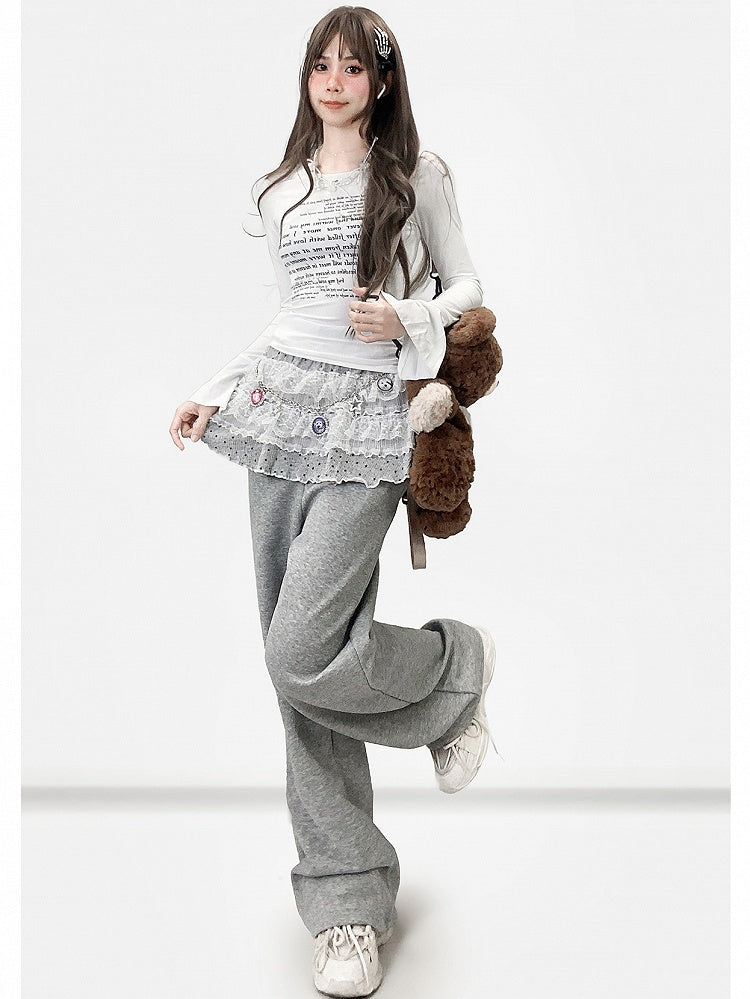 ホワイトプリントベルアシンメトリーレタービタースウィートスリーブヘムトップス