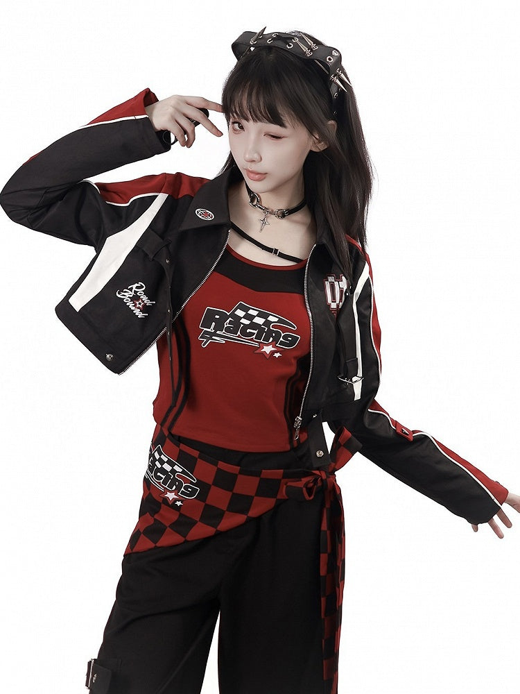 Cropped Moto Jacket in Black & Red with Buckle Straps and Graphic Print - PINK SAVIOR