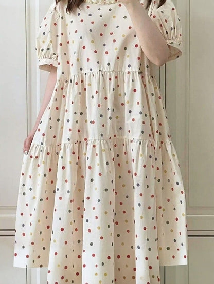 Beige Lace Trim Short Sleeve Dress with Colorful Polka Dot Print - Mori Doll