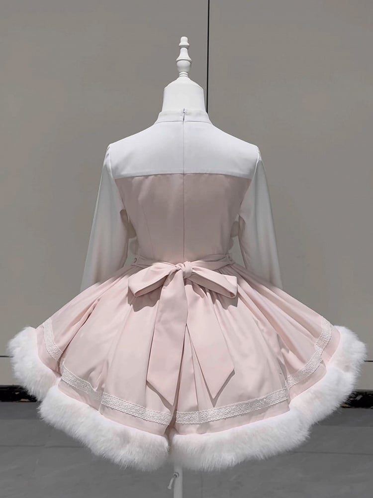 Fake OP Cuffs Winter Long Pink with and Hemline Lolita Sleeves Dress Sweet Two-pieces Plush