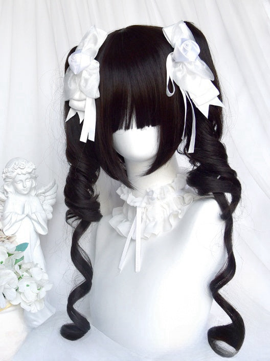 Schwarze Perücke im kurzen Bob-Schnitt mit vollem Pony + doppelte Pferdeschwanz-Krallenklammern