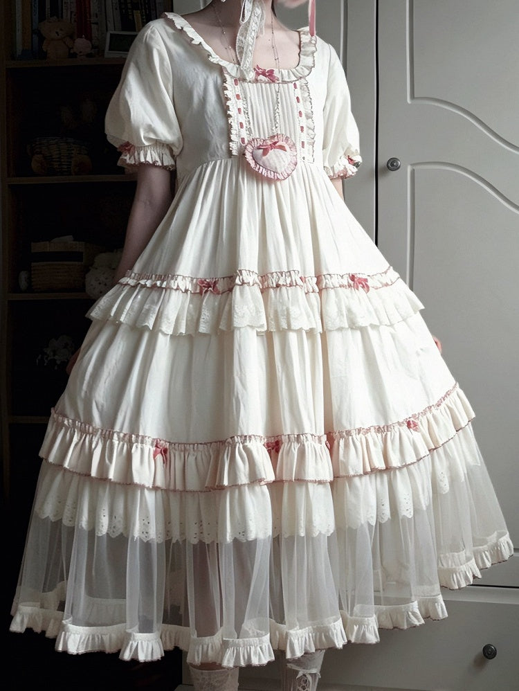 Cream Layered Ruffle High Waist Sweet Lolita Dress with Tulle Hem - Bodhi Original Design