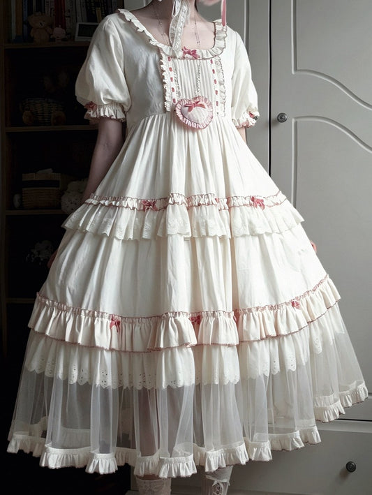 Cream Layered Ruffle High Waist Sweet Lolita Dress with Tulle Hem - Bodhi Original Design