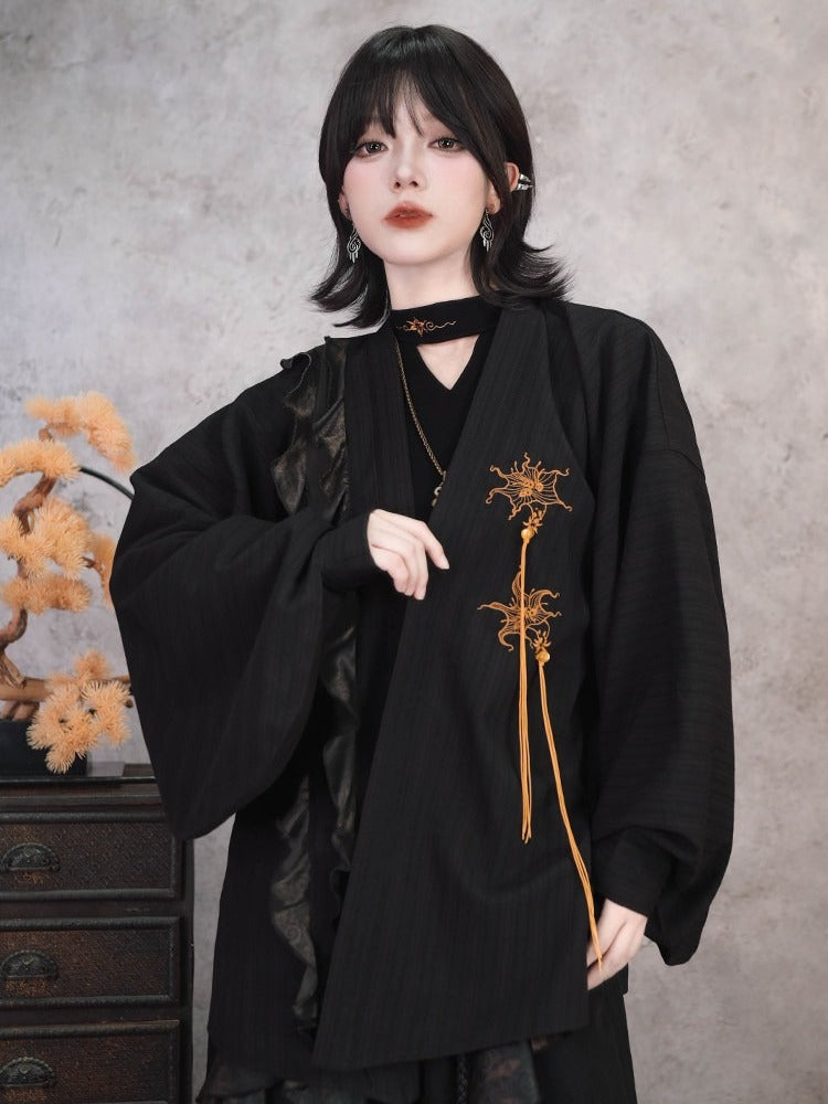 Gothic Black Pipa Sleeve Cardigan with Mandala Embroidery, Tassels and Ruffle Edging - Quirky Hut