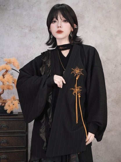 Gothic Black Pipa Sleeve Cardigan with Mandala Embroidery, Tassels and Ruffle Edging - Quirky Hut