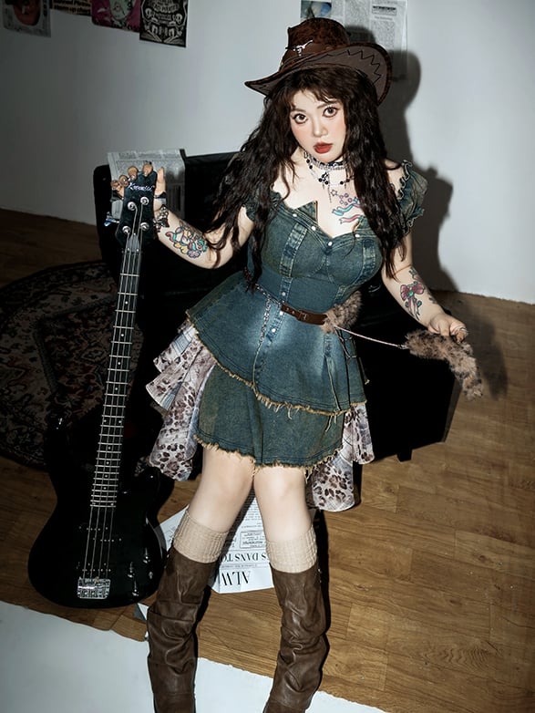 Mode mit blauen Puffärmeln Jeanskleid Leopardengürtel Patchwork Plus Size Gyaru Taille