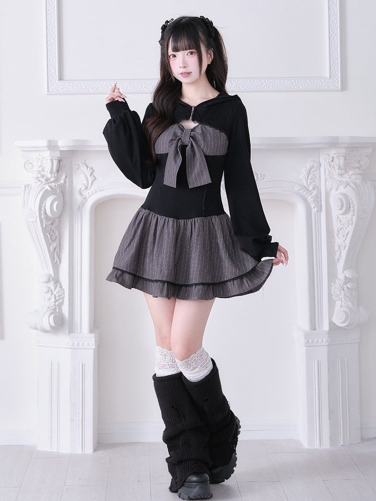 Long Design Sleeve With Black Hooded Jirai And Dress Kei Gray Striped