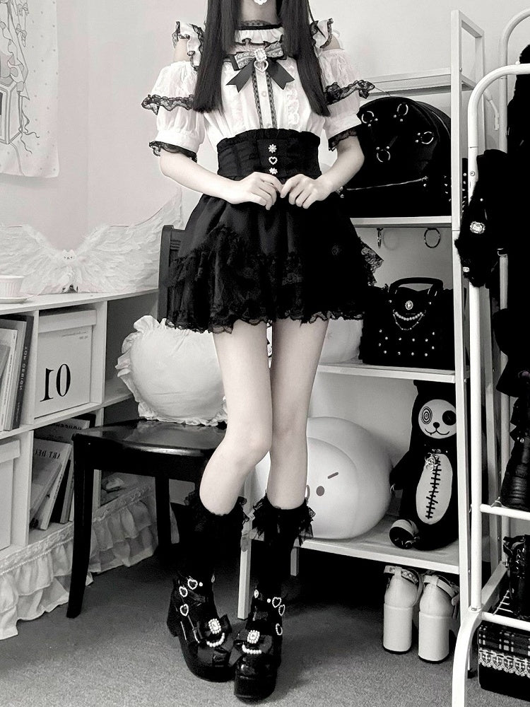 Black & White Jirai-kei Cutout Shoulder Short Sleeve Top with Rhinestone Bow and Lace - Virtual Paradise