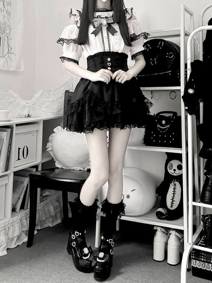Black & White Jirai-kei Cutout Shoulder Short Sleeve Top with Rhinestone Bow and Lace - Virtual Paradise