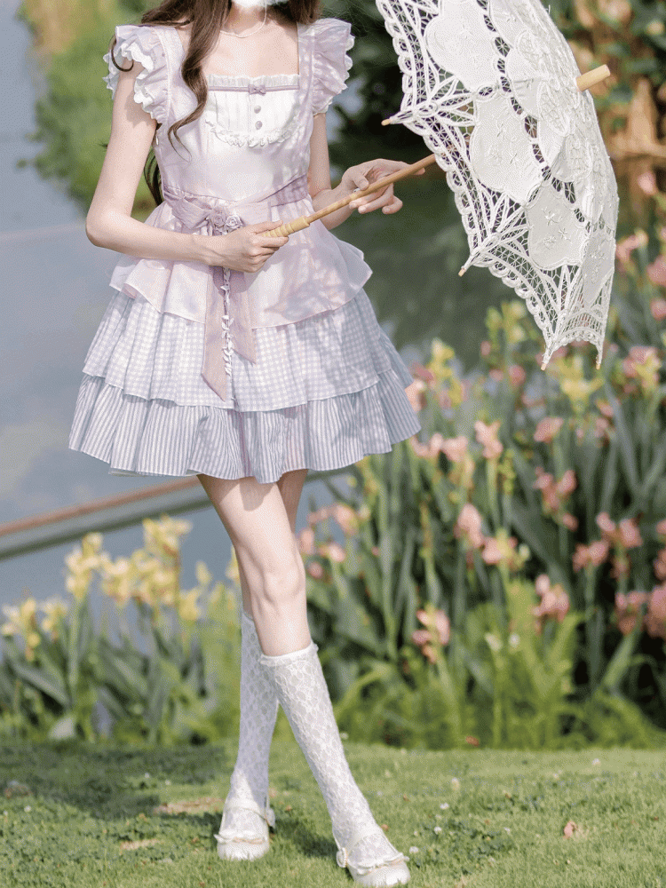 with and Skirt Belt Waist Tiered Sweet Lavender Flutter Sleeves Dress Floral Brooch