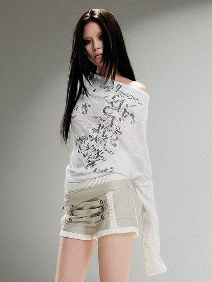 White Knit Vintage Print Top Punk with Drop Sleeves Off-Shoulder Totem Shoulder