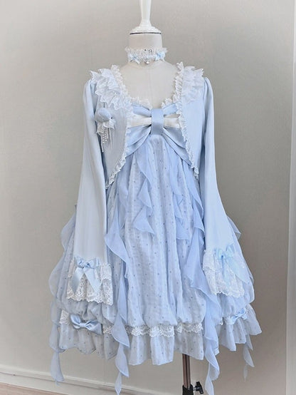 Blue Bow Cardigan with Lace Trim - Tan Tuan