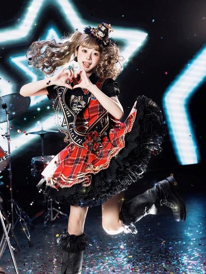 Red Idol Lolita Plaid JSK Dress with Golden Bear Embroidery and Black Scalloped Hem - LiLi Chain