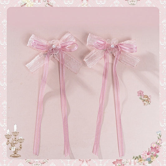 Pink Bow Sweet Lolita Hairclip with Floral Center - Honey Machine