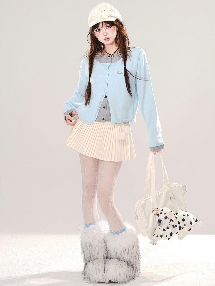 Blue/Dark Grey Fake Two-piece Cardigan