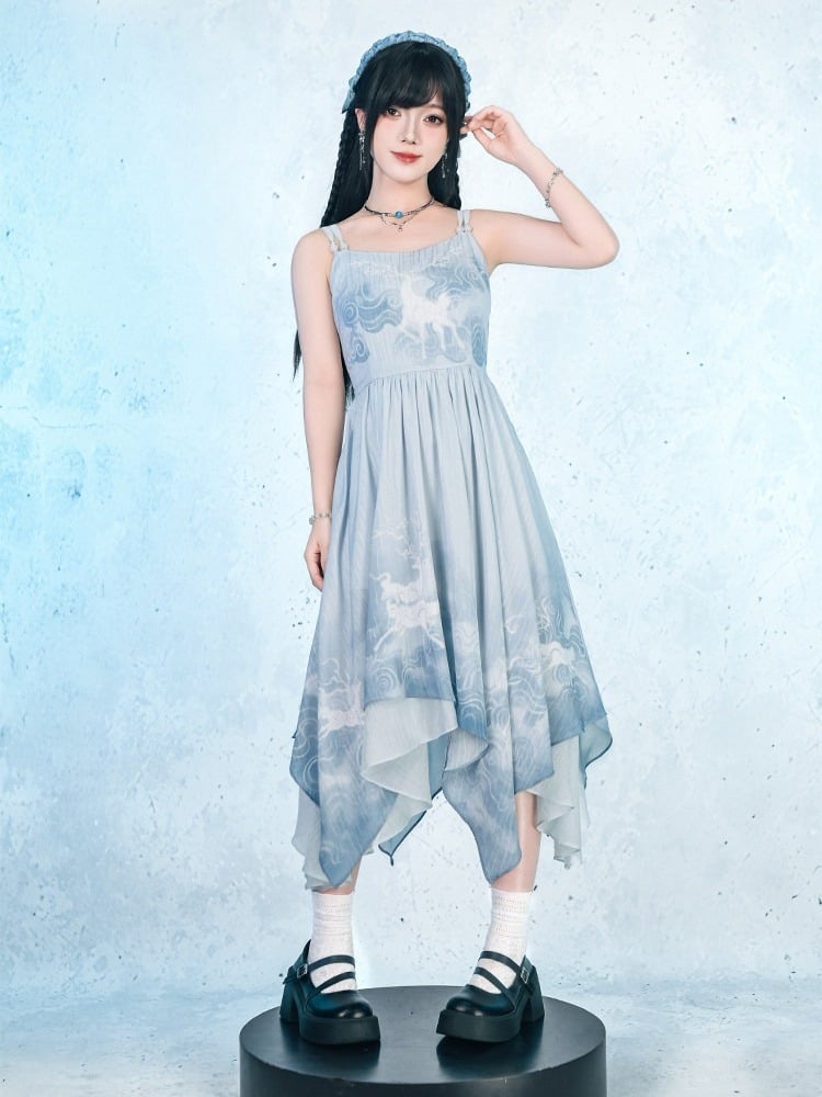 Blue Chiffon Cami Dress with Deer Print & Asymmetric Hem - Quirky Hut