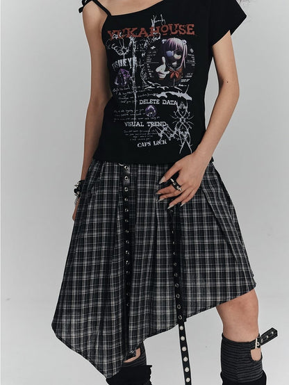 with Punk Skirt Gothic Belts White Hem Dual Black Handkerchief Eyelet Plaid Metal PU