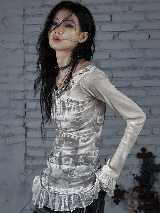 トリムスターレースウェイストランドパンクスタッド装飾ブラックグレー/ベージュTシャツと